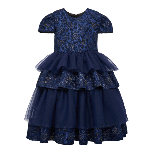 Navy Lace & Gold-Accent Tiered Gown