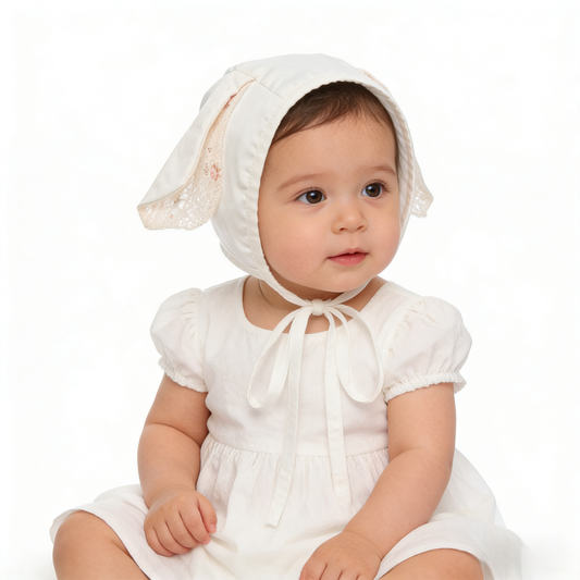 Dainty Pink-Accent White Bunny Ear Bonnet