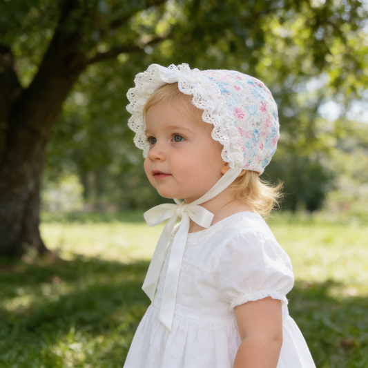Soft Ruffle powder blue Floral Lace Bonnet