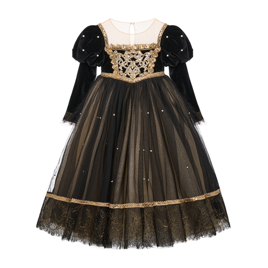 Black gauze & gold-thread embroidery Concert Dress