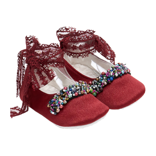 Handcrafted Ruby-Toned Beaded Baby First Walkers