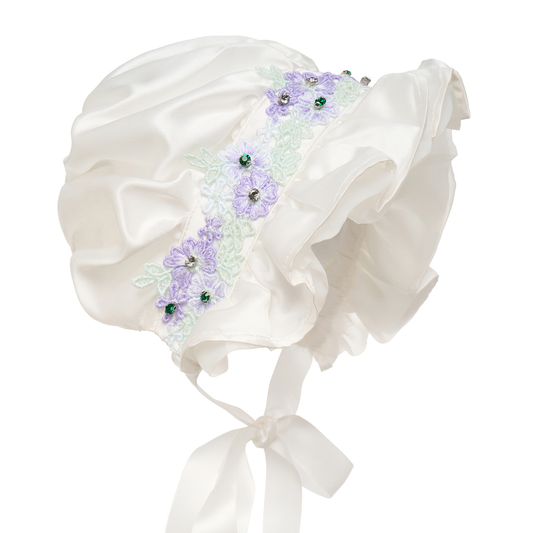 Lavender Beaded Ruffled Satin Bonnet