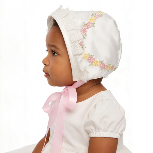 Baby White Lace Bonnet Rose Embroidery