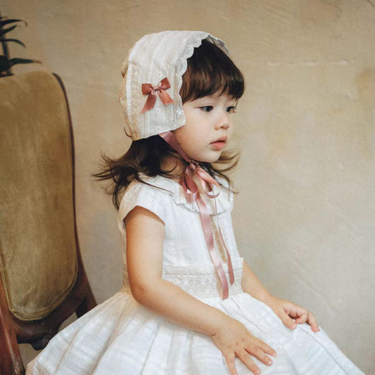 Cotton Lace Baby Bonnet with Blush Bow