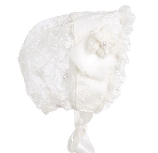 Hanakimi Hanakimi® Lace Christening Bonnet with Detachable Flower Handmade(Newborn-3 Years)