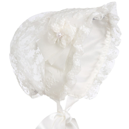 Hanakimi Hanakimi® Lace Christening Bonnet with Detachable Flower Handmade(Newborn-3 Years)