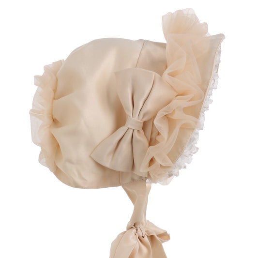 Hanakimi Hanakimi® Closed Back Baby Bonnet with Bow Handmade Champagne (Newborn-3 Years)