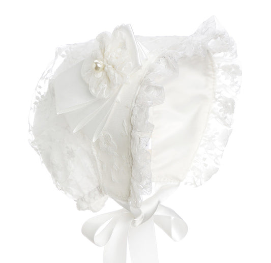 Hanakimi Hanakimi® Lace Christening Bonnet with Detachable Flower Handmade(Newborn-3 Years)