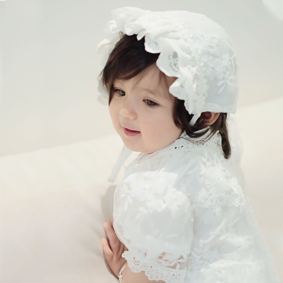 Hanakimi Heirloom Lace Christening Gown and Matching Bonnet Set