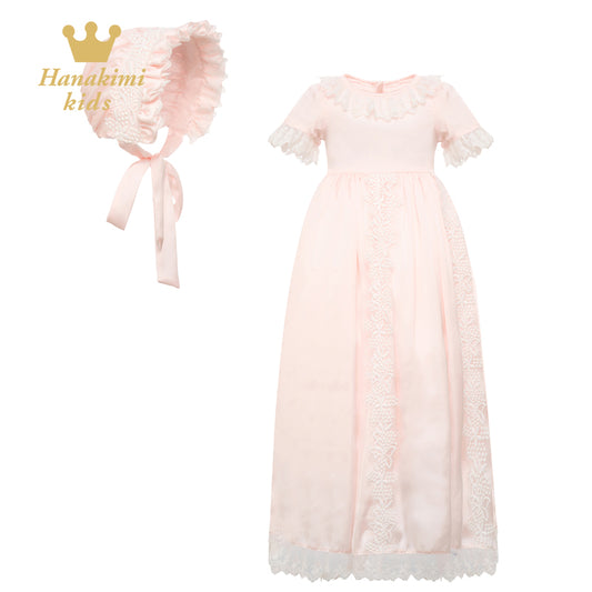 Lace Pink Satin Christening Gown