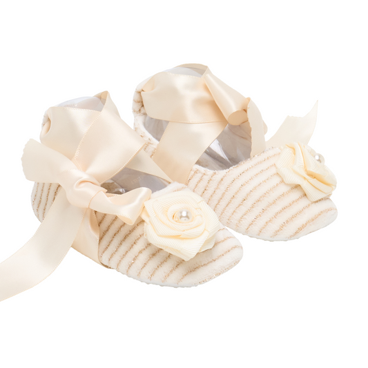 Gold-Striped Fabric & Satin Bow Baby First Walkers