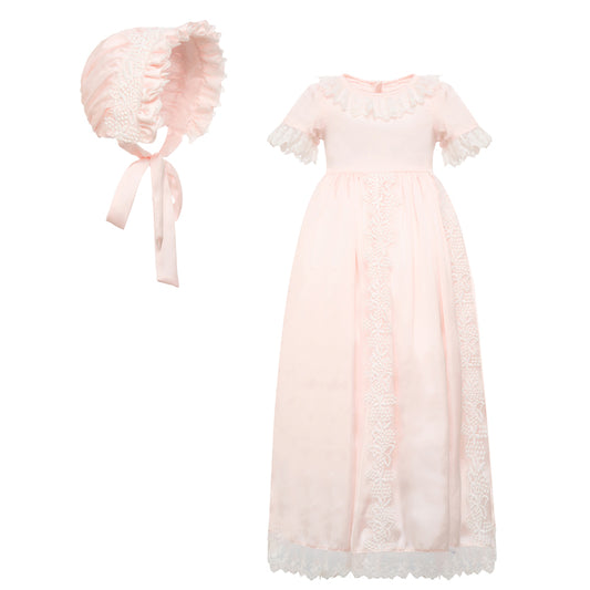Lace Pink Satin Christening Gown