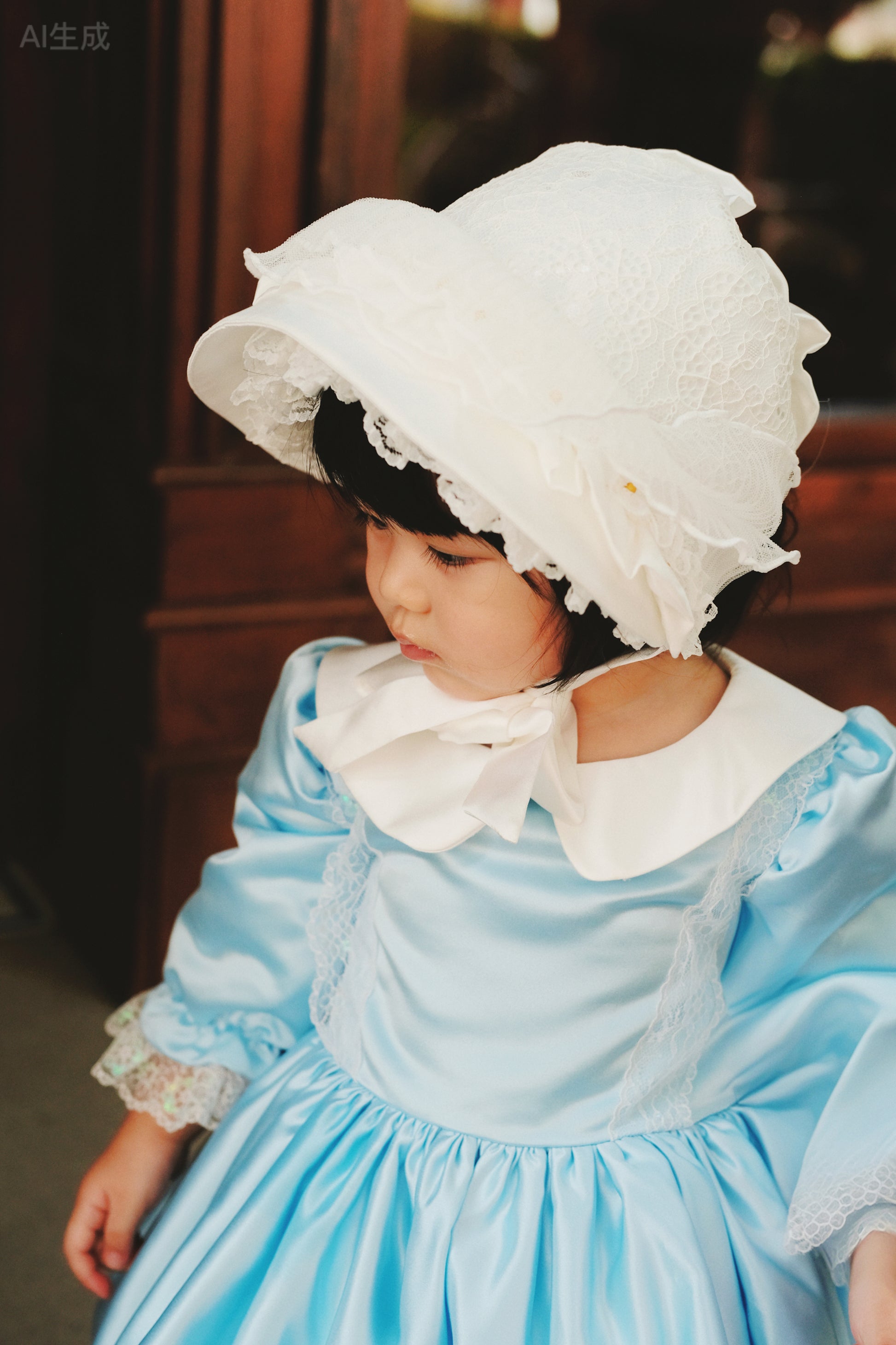 Hanakimi Kids Vintage Lace Embroidered Wide-Brim Bonnet
