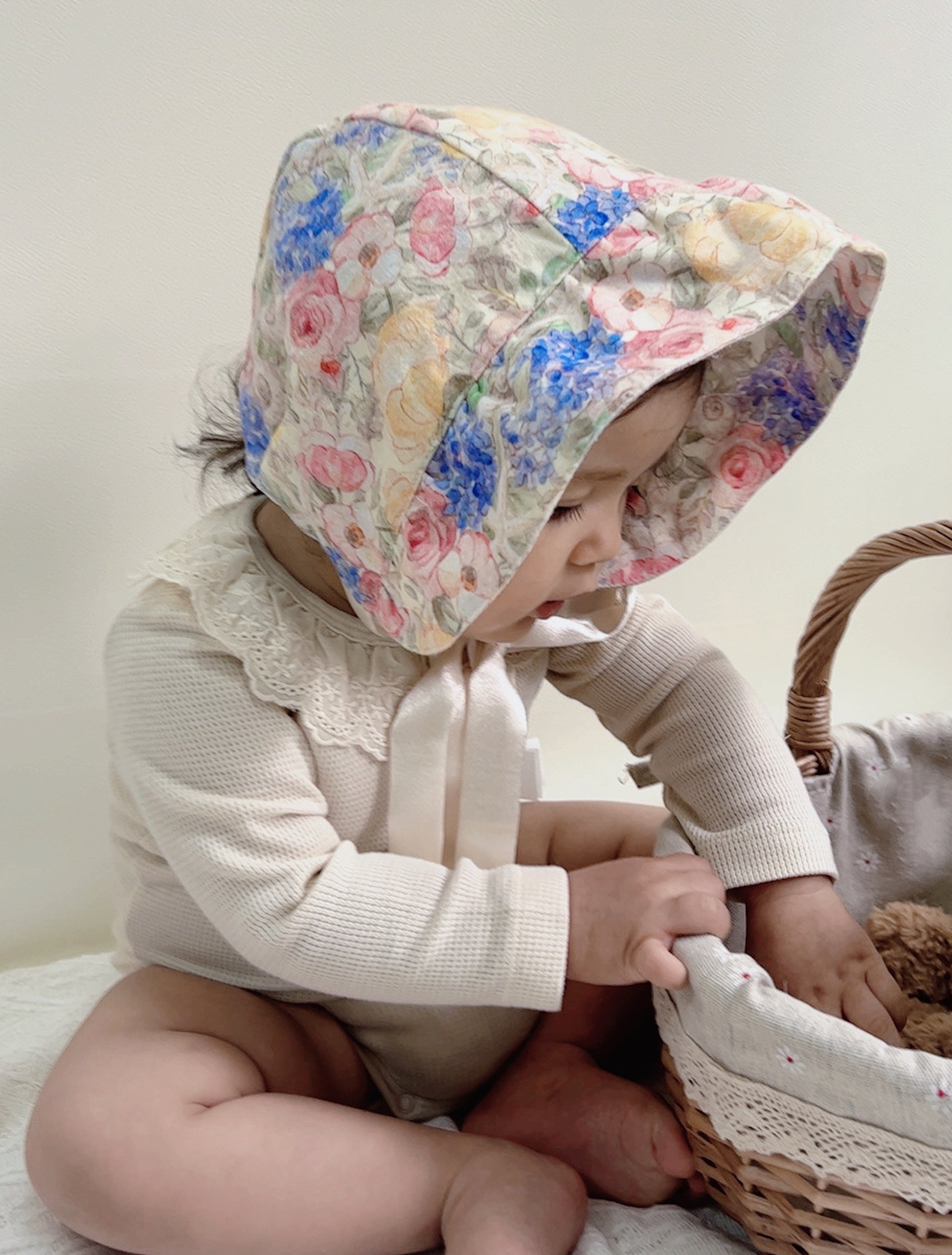 Hanakimi Kids Vintage Floral Reversible Sun Bonnet