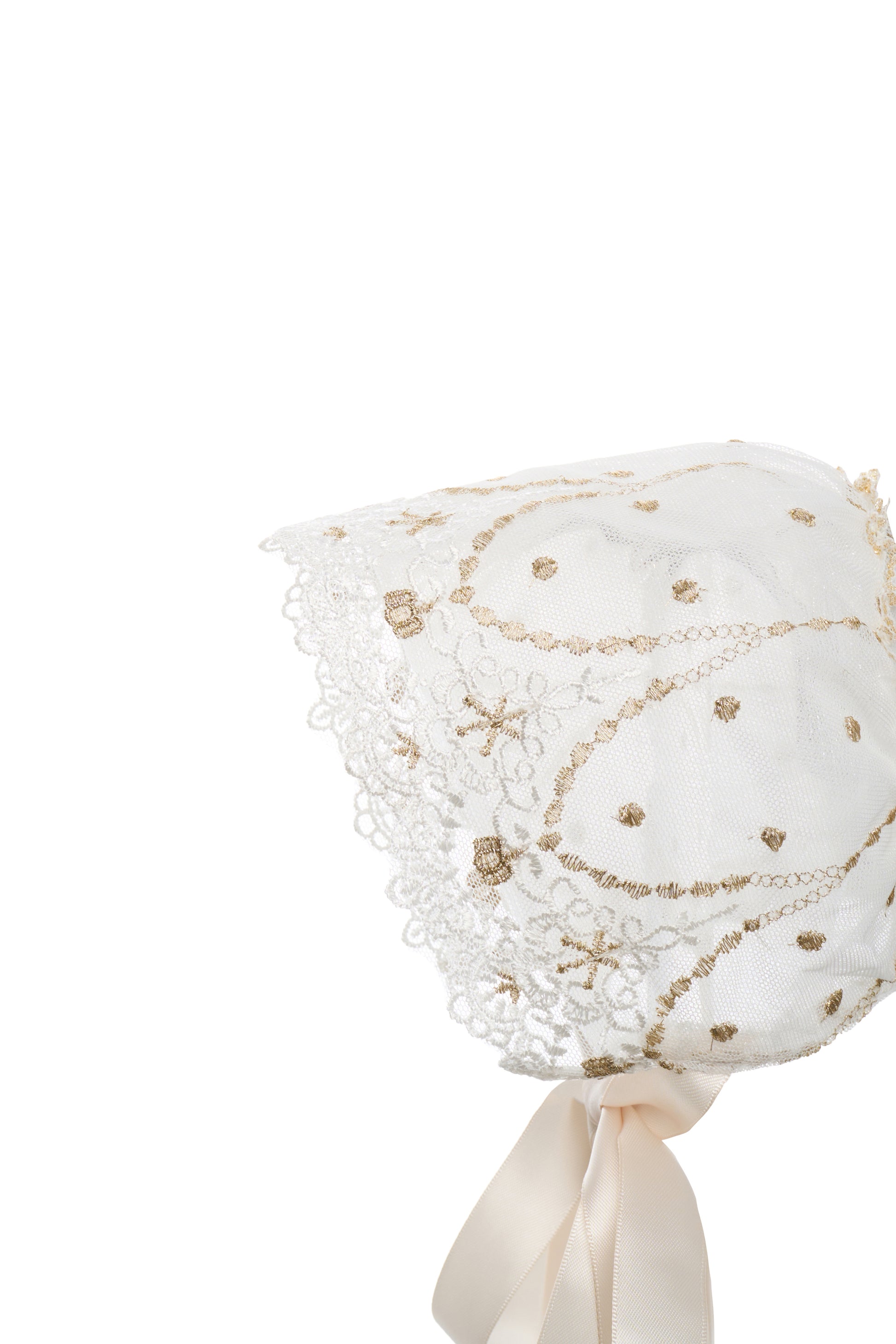 Hanakimi Kids Lace Tulle Bonnet with Golden Embroidery——Cloud Kiss