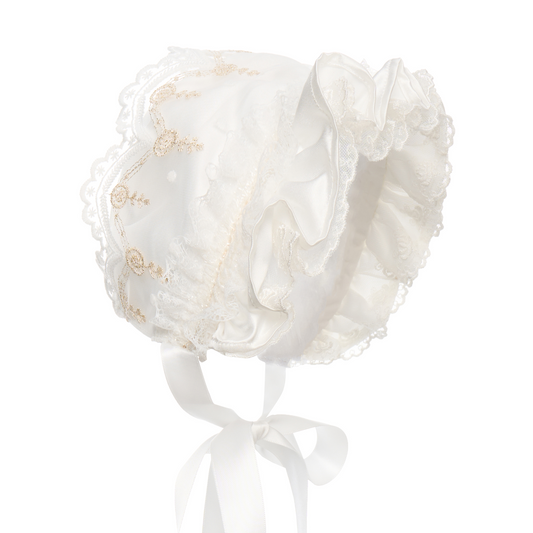 White Satin & Gold Embroidery Bonnet