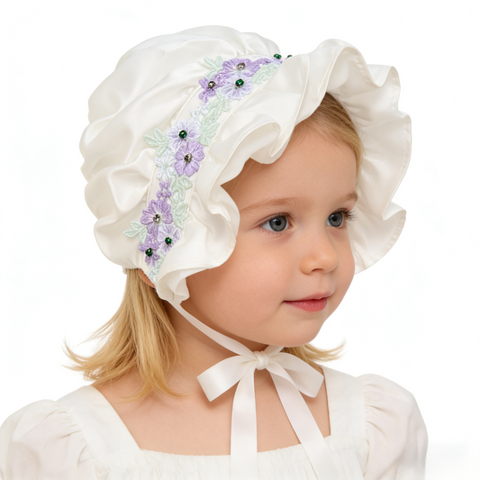 Lavender Beaded Ruffled Satin Bonnet