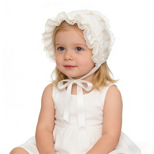 White Satin & Gold Embroidery Bonnet