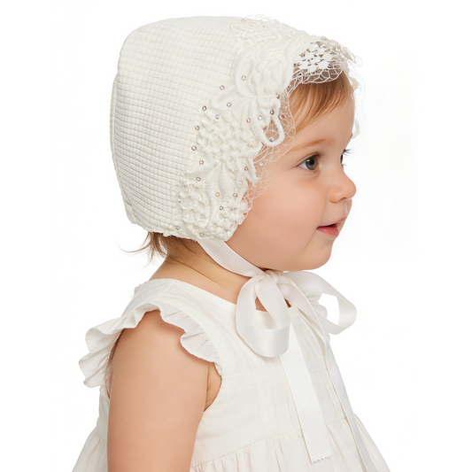Soft White Waffle-Textured Lace Bonnet