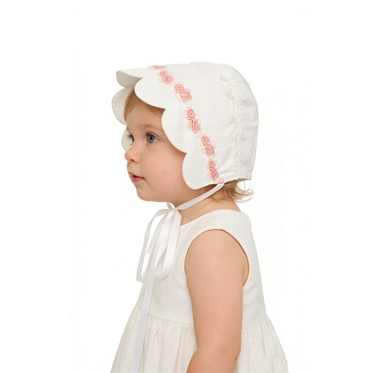 Scallop Edge Rose Embroidery Bonnet