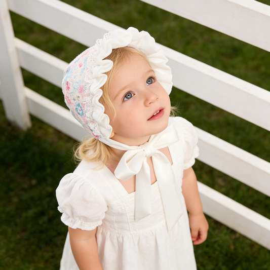 Soft Ruffle powder blue Floral Lace Bonnet