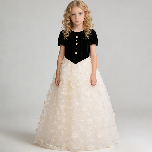 Ebony Velvet & Gold-Dusted Tulle Dress