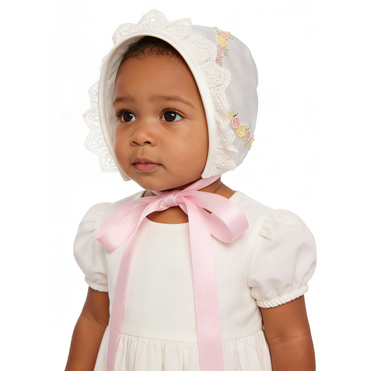 Baby White Lace Bonnet  Rose Embroidery