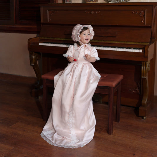 Lace Pink Satin Christening Gown