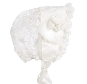 Hanakimi® Lace Christening Bonnet with Detachable Flower Handmade(Newborn-3 Years)