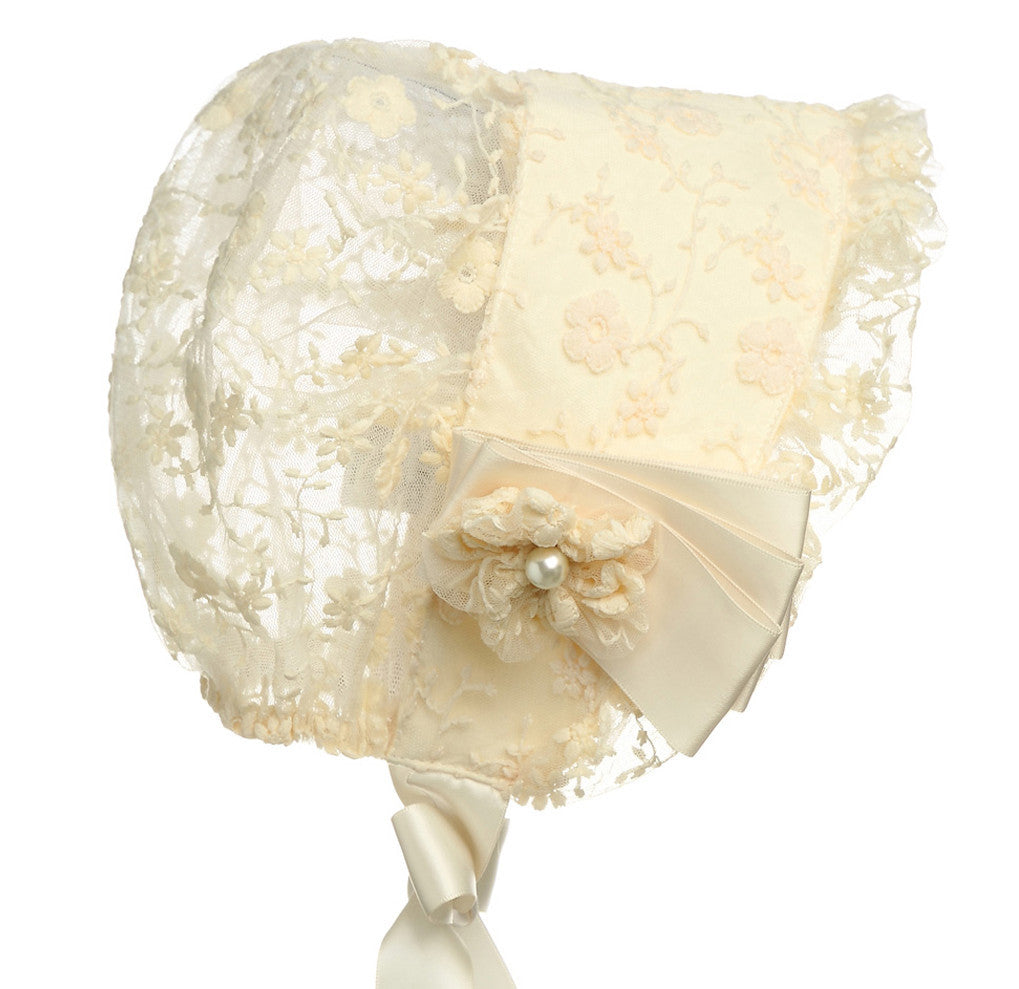 Hanakimi® Lace Christening Bonnet with Detachable Flower Handmade(Newborn-3 Years)