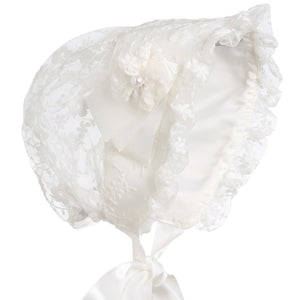 Hanakimi® Lace Christening Bonnet with Detachable Flower Handmade(Newborn-3 Years)