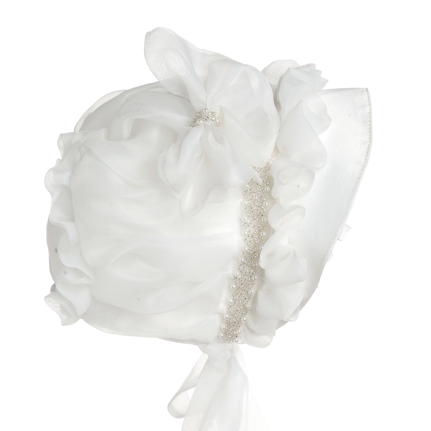 Hanakimi® Ruffles Christening Bonnet with Bow Handmade White (Newborn-3 Years)