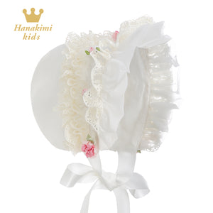 Hanakimi Girls' Lacy White Infant Bonnet JM1010