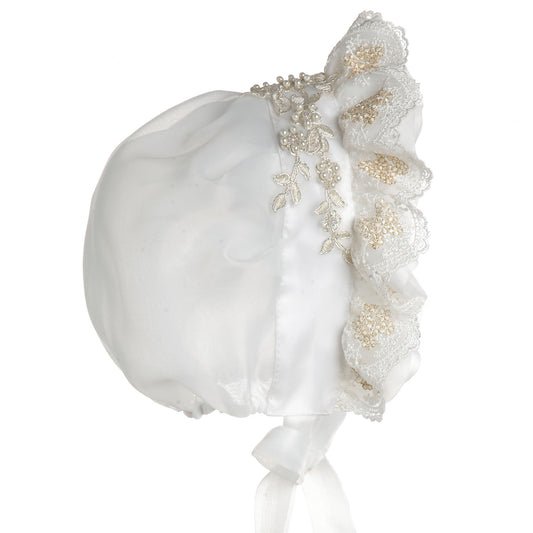 Hanakimi Hanakimi® Lace Embroidered Closed Back Royal Baby Bonnet Handmade (Newborn-3 Years)