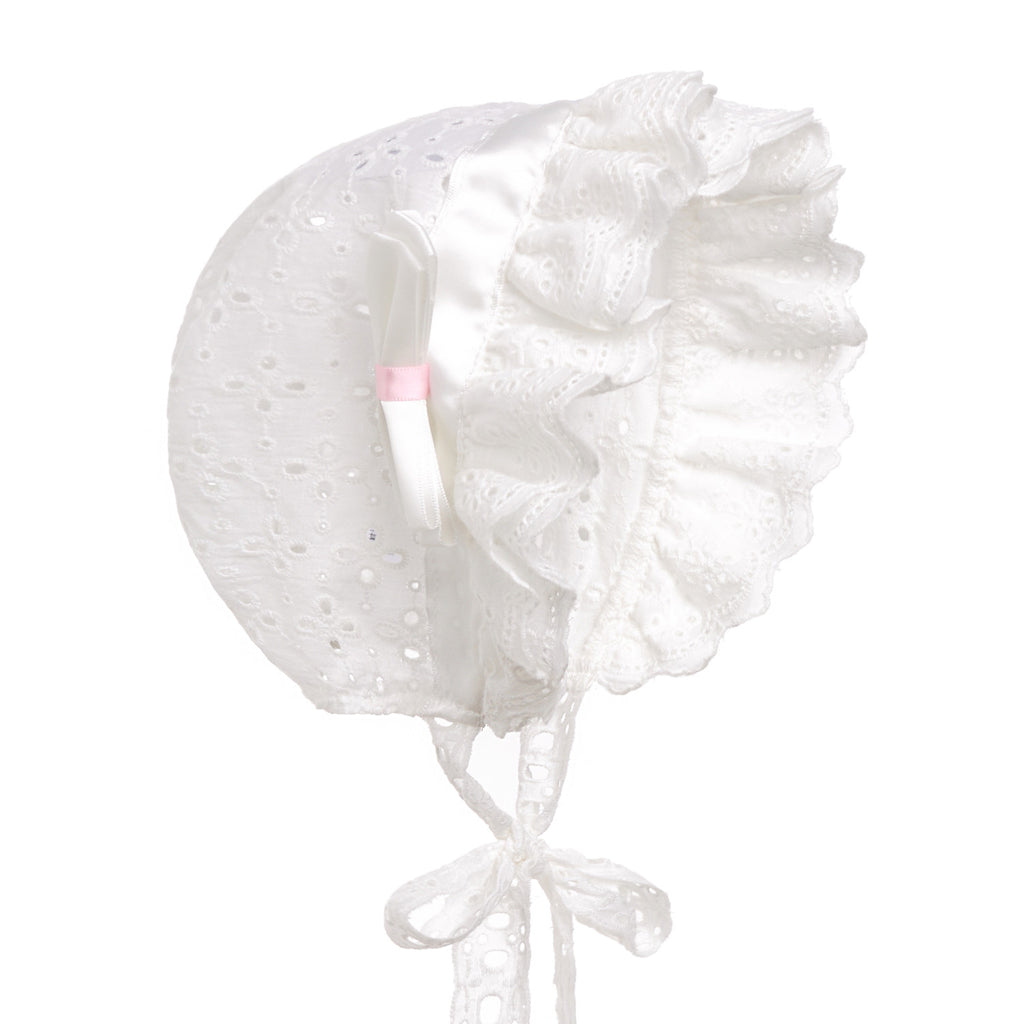 Hanakimi® Bow Eyelet Christening Bonnet Handmade White (Newborn-3 Years)