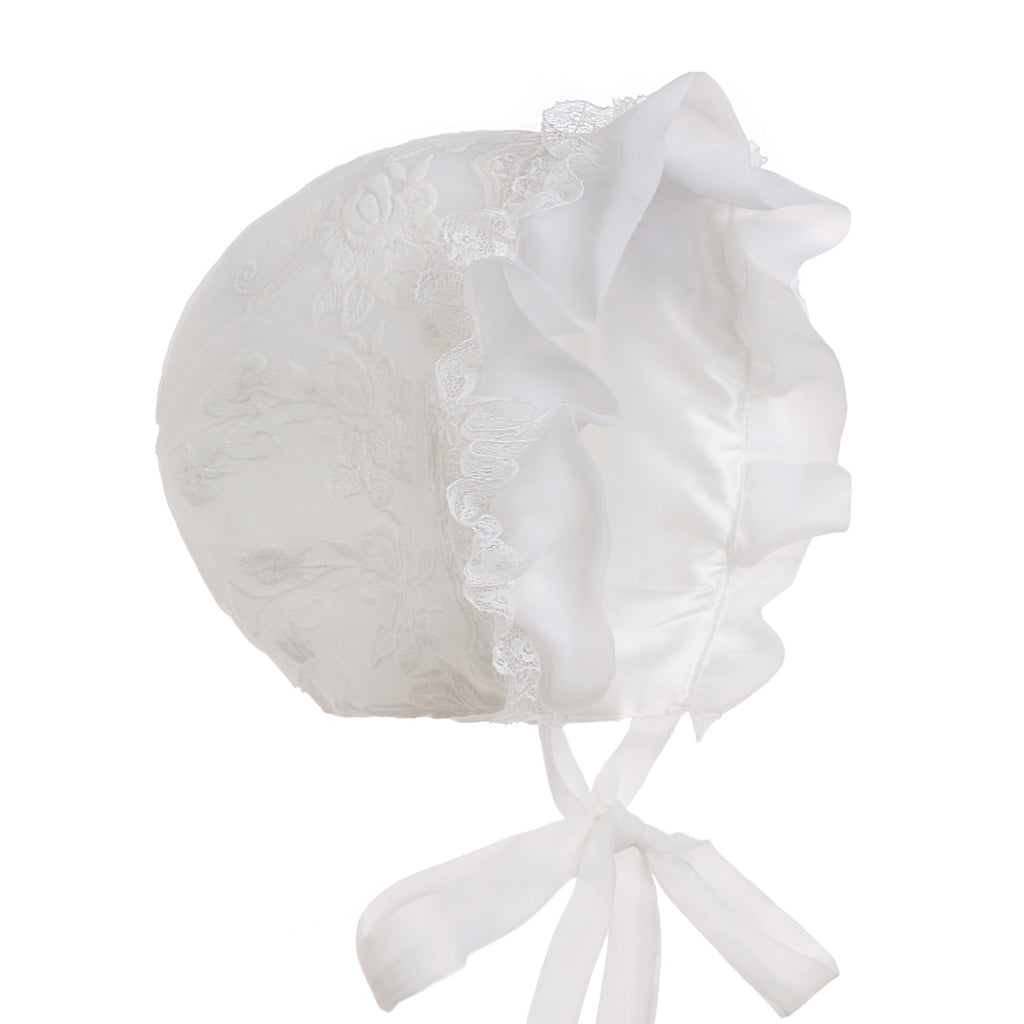 Hanakimi® Lace with Piping Christening Bonnet Handmade White (Newborn-3 Years)