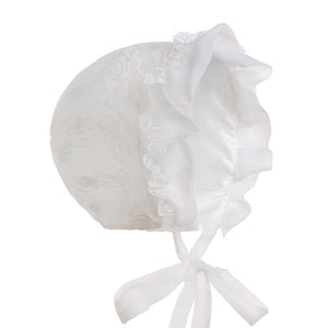 Hanakimi® Lace with Piping Christening Bonnet Handmade White (Newborn-3 Years)