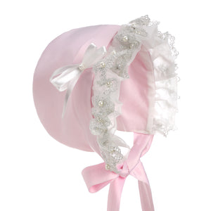 Hanakimi Lacy Bow Closed Back Bonnet with Pearls JM1001