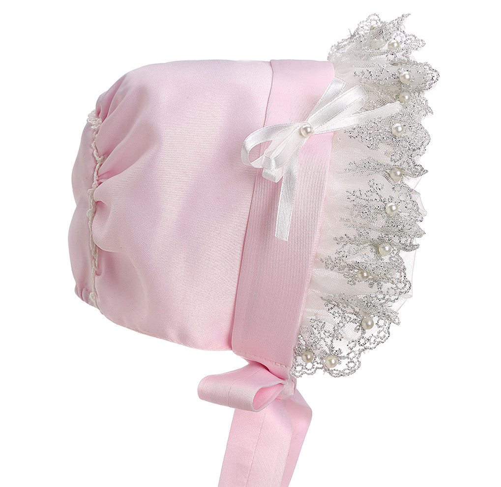 Hanakimi Lacy Bow Closed Back Bonnet with Pearls JM1001