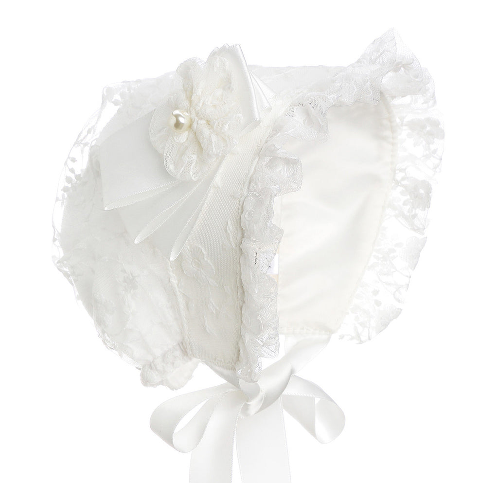 Hanakimi® Lace Christening Bonnet with Detachable Flower Handmade(Newborn-3 Years)