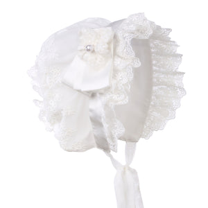 Hanakimi® Lace Flower Christening Bonnet Handmade White(Newborn-3 Years)