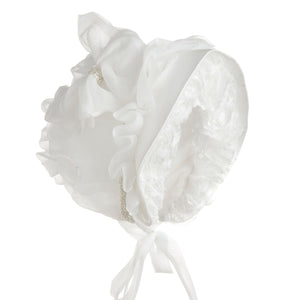 Hanakimi® Ruffles Christening Bonnet with Bow Handmade White (Newborn-3 Years)