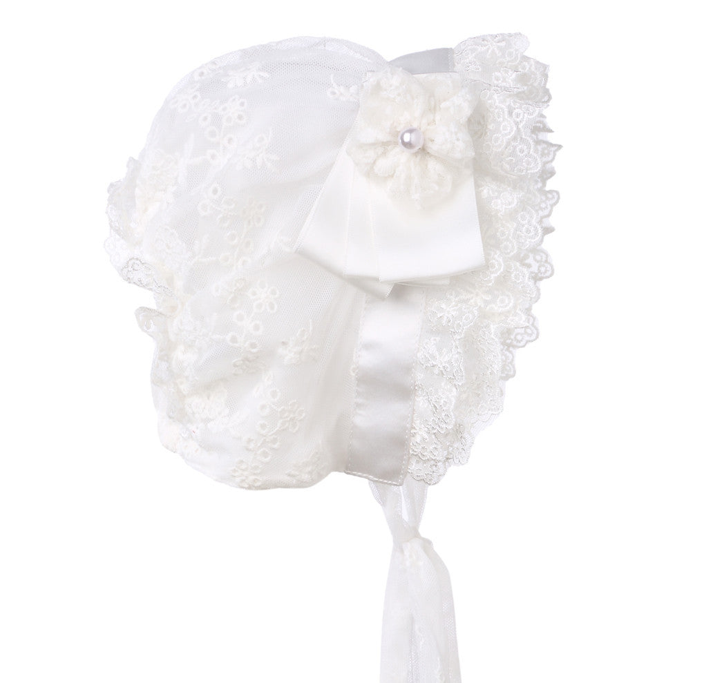 Hanakimi® Lace Flower Christening Bonnet Handmade White(Newborn-3 Years)