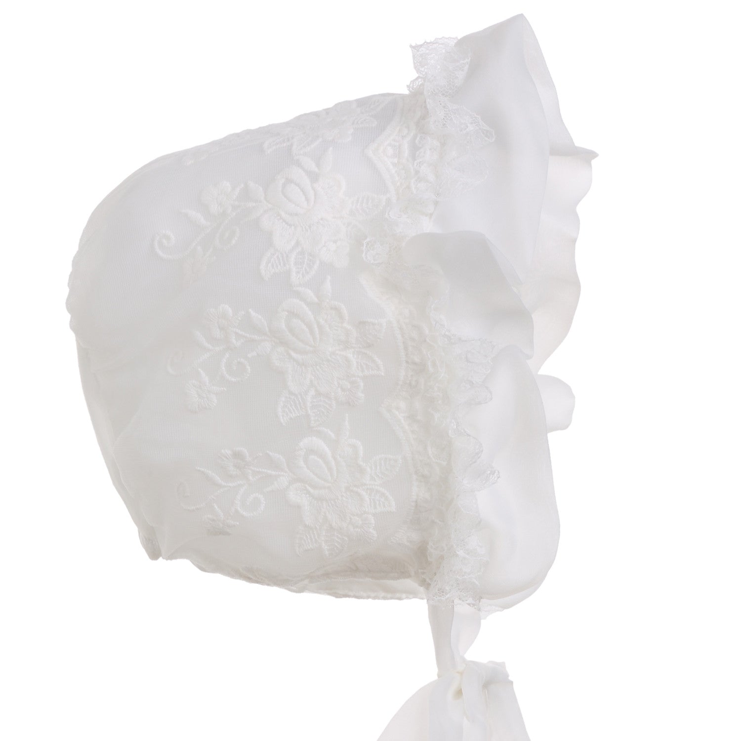 Hanakimi® Lace with Piping Christening Bonnet Handmade White (Newborn-3 Years)