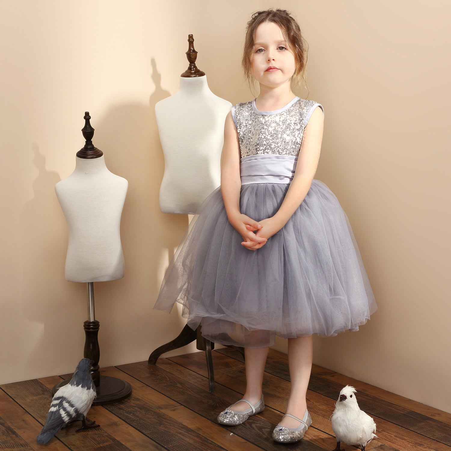 Hanakimi® Ballerina Inspired Sequin Girls' Dresses Gray K15116
